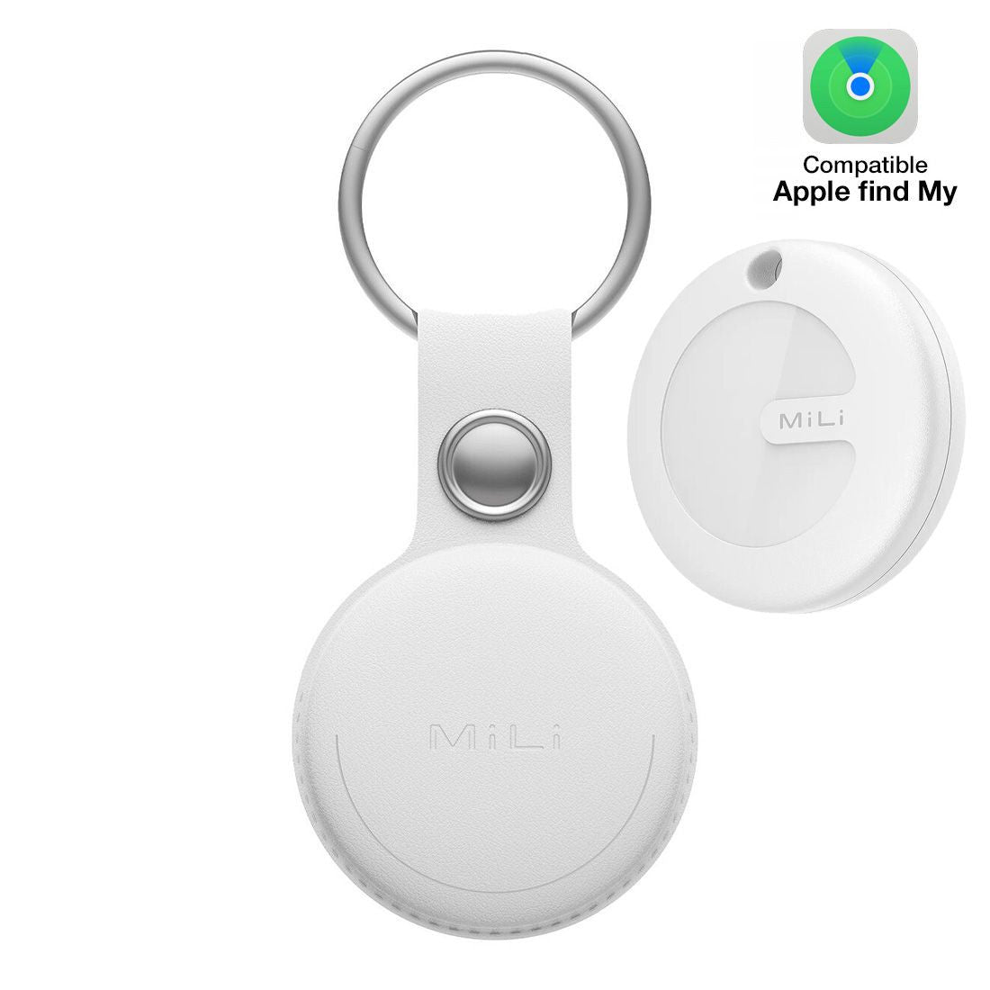 MiLi Tag blanc avec porte-clés à mousqueton, compatible Apple Localiser